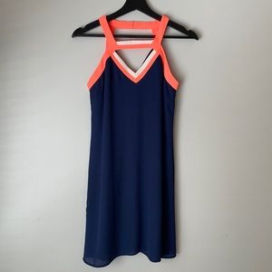 Skies are blue navy and orange A line dress